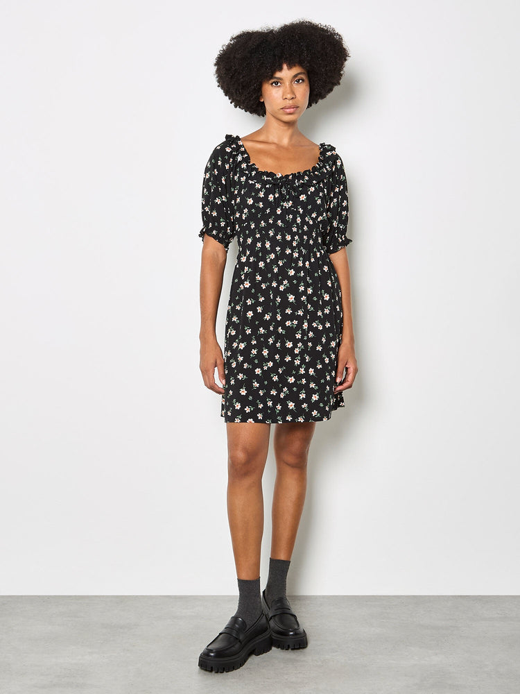 black milkmaid dress Drop Waist Mini way 200% stretch weave* 95% polyester Black Spot Scoop Neck Shirred