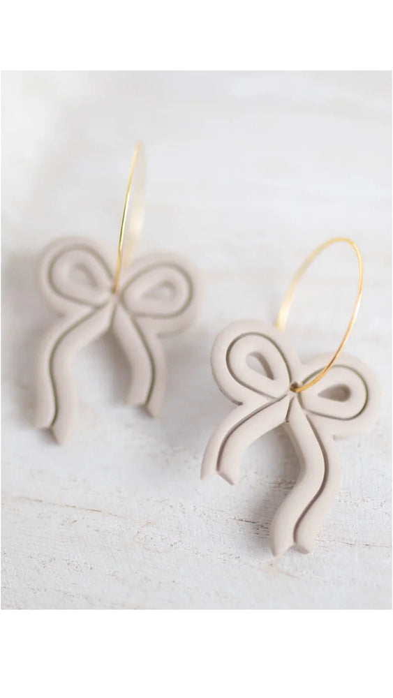 Clay Earrings Ribbon Hoops - Latte