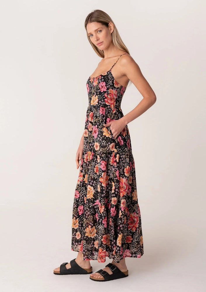 Floral Tiered Maxi Dress with Pockets Black/Fuchsia
