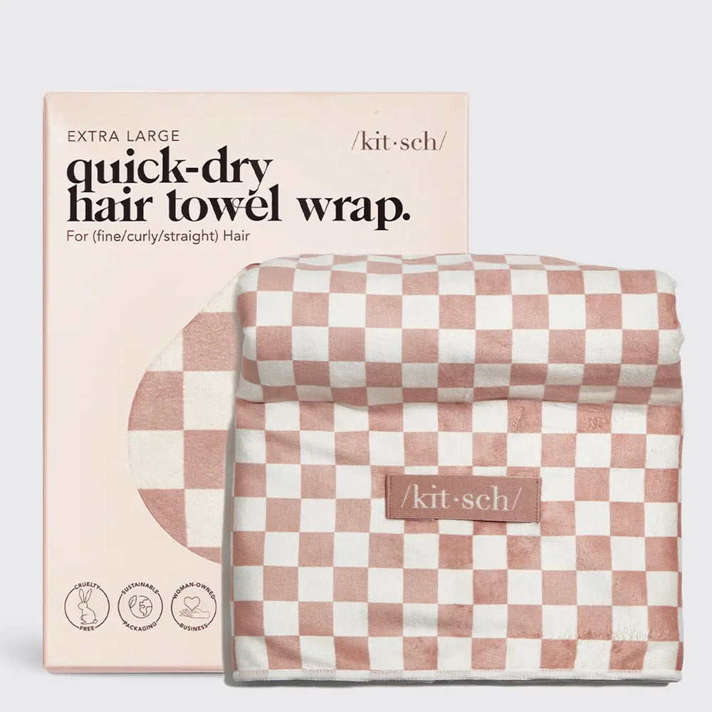Quick-Dry XL Hair Towel Wrap - Terracotta Checker