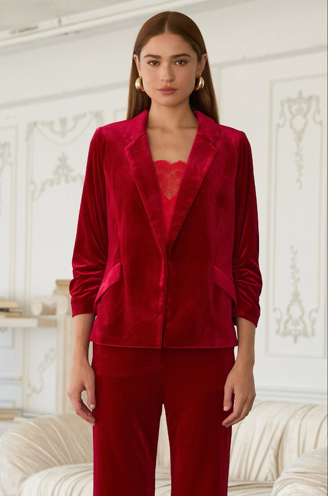 Velvet Ruched Sleeve Blazer Red
