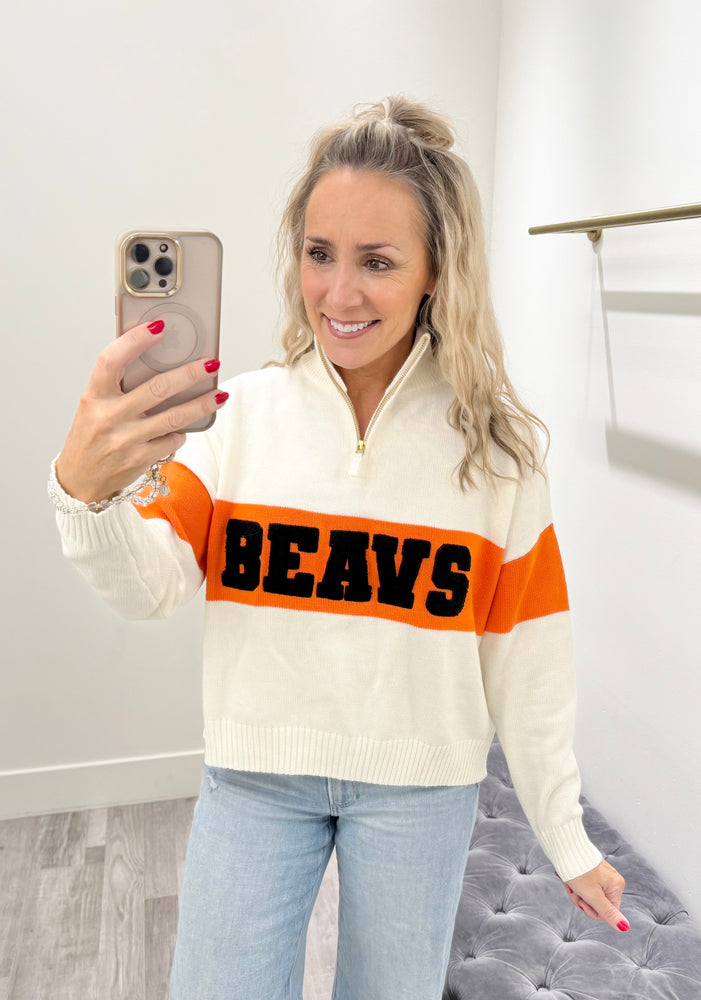 Varsity Quarter Zip BEAVS Ivory/Black/Orange