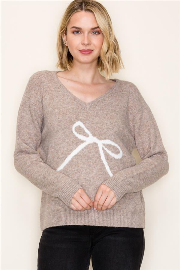 Bow V-Neck Pullover Sweater Taupe