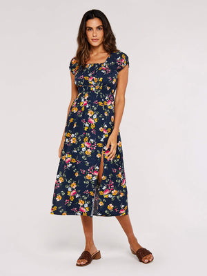 
            
                Load image into Gallery viewer, Floral Milkmaid Midi Dress Navy
            
        
