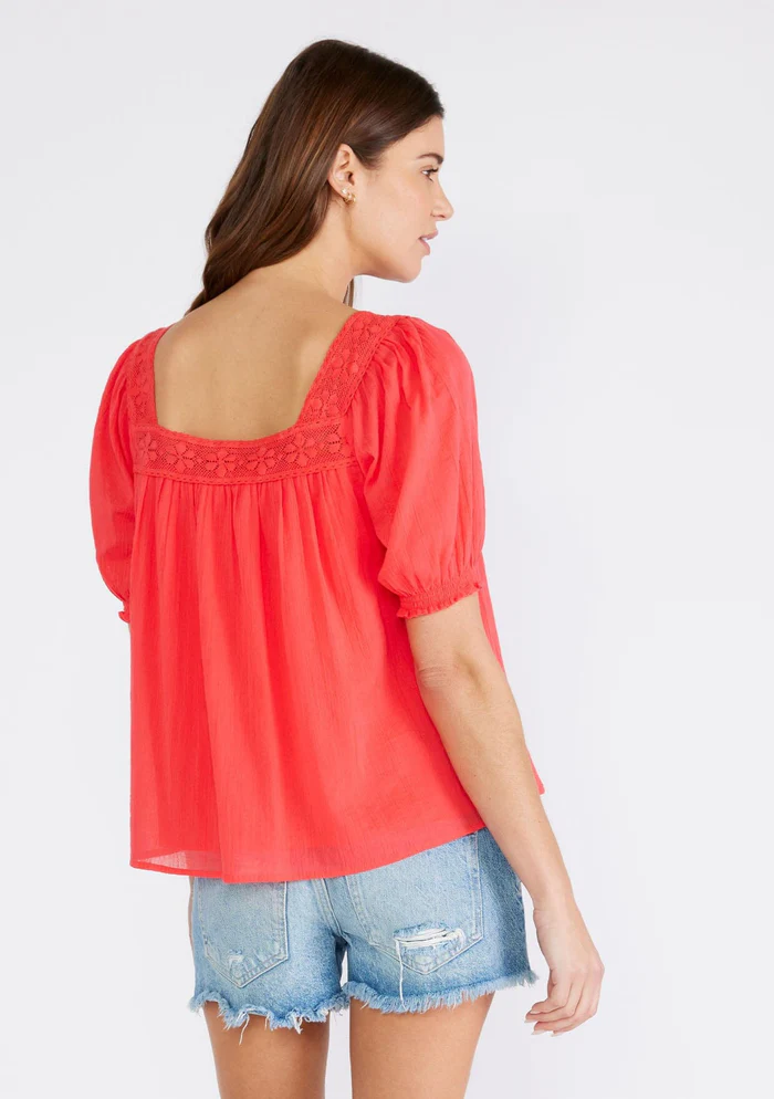 Lace Trim Square Neck Puff Sleeve Blouse Hibiscus