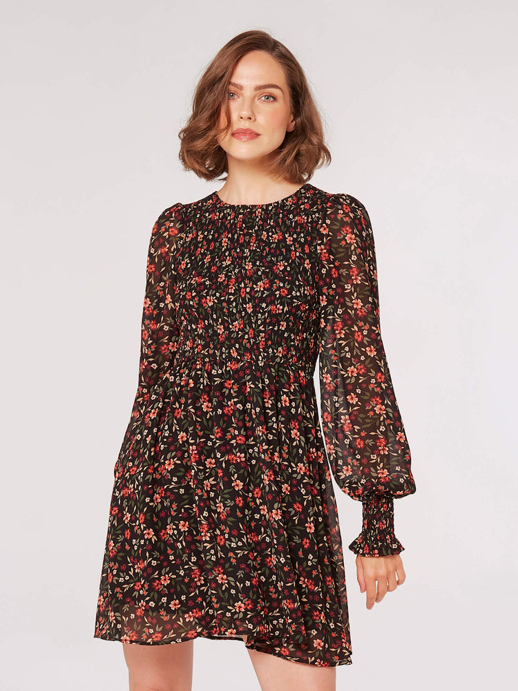 Autumnal Ditsy Smocked Neck Dress