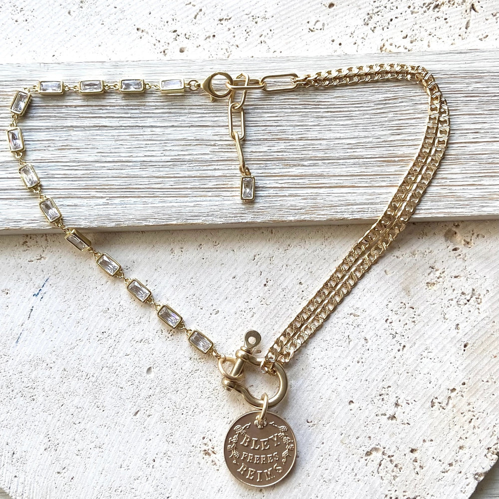 French Champagne Coin Necklace Matte Gold