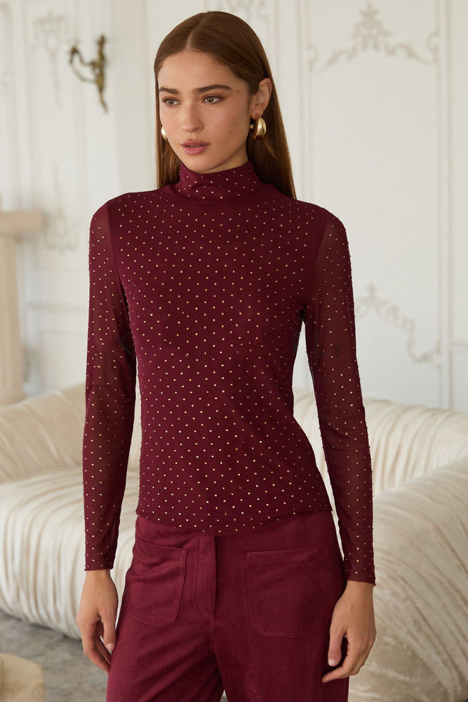 Embellished Mesh Mock Neck Burgundy
