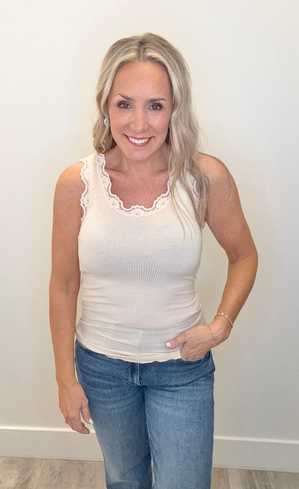Lace Trim Ribbed Cami Garment Dyed - Beige