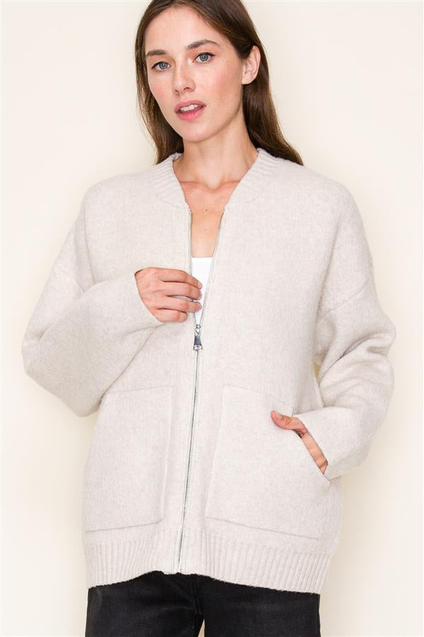 Nora Sweater Bomber Jacket Oatmeal-Mapel Boutique