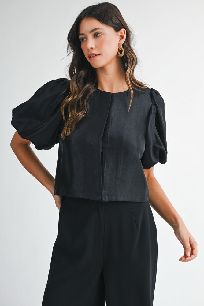 Satin Puff Sleeve Top Black