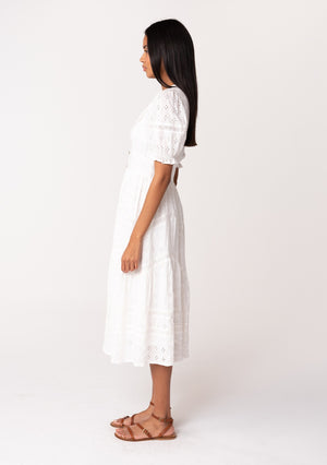 
            
                Load image into Gallery viewer, Eyelet Puff Sleeve Midi Dress White
            
        