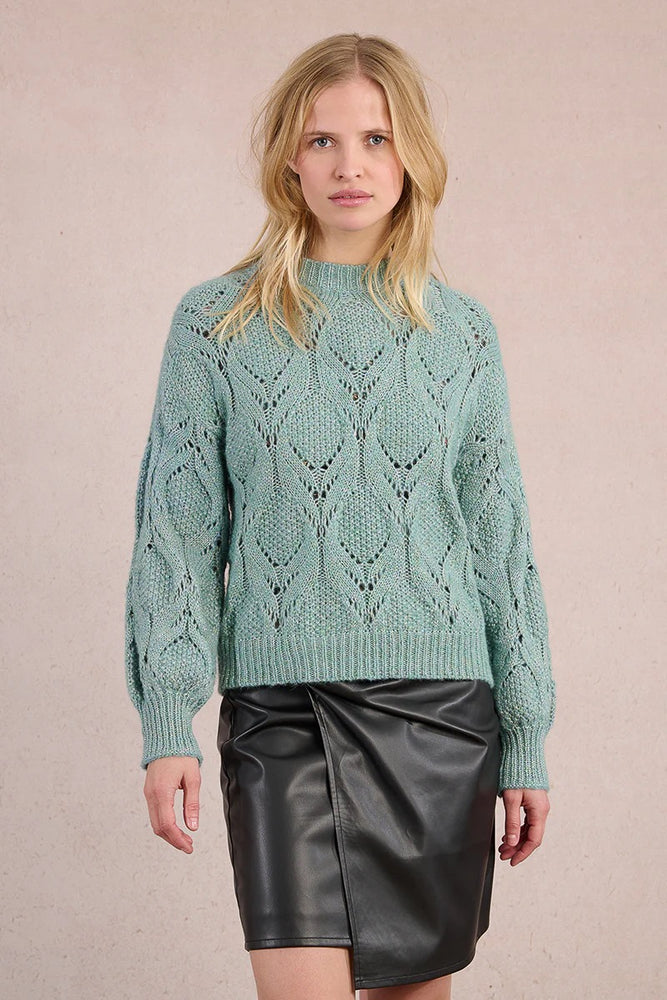 Patterned Openwork Knit Sweater Aqua Blue