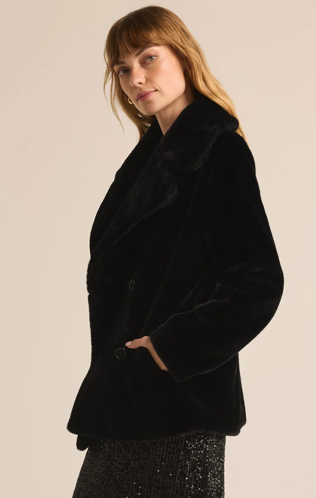 Gem Double Breasted Fur Coat Black