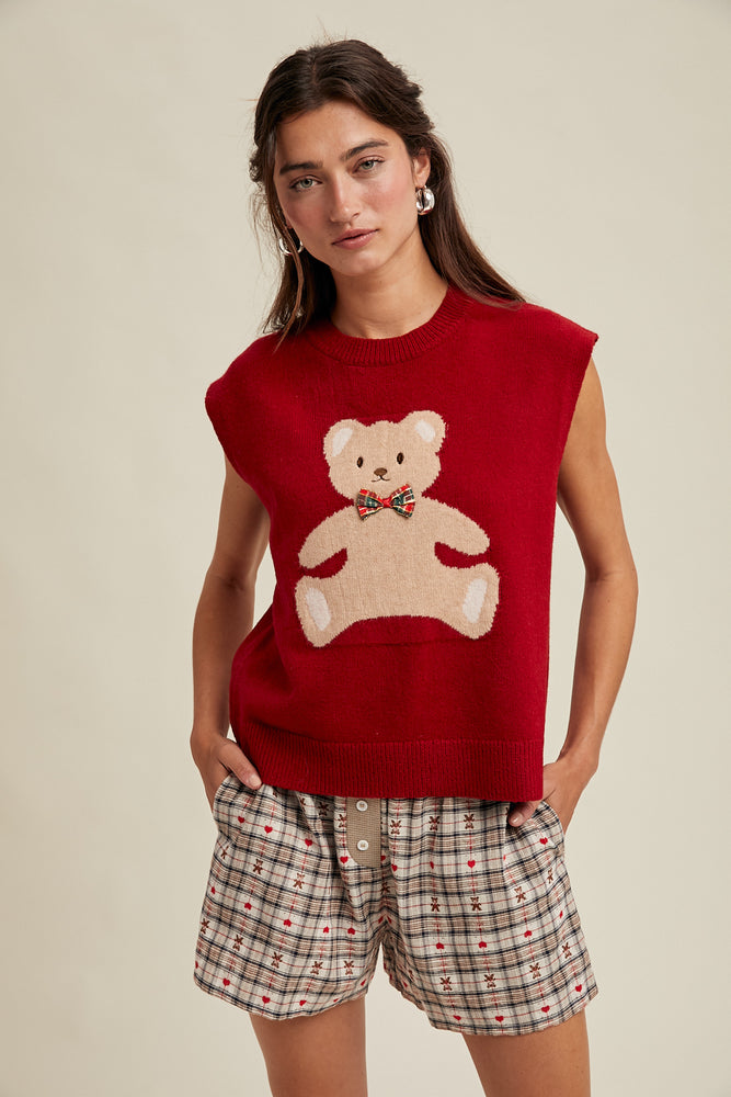 Teddy Bow Tie Sweater Vest Red