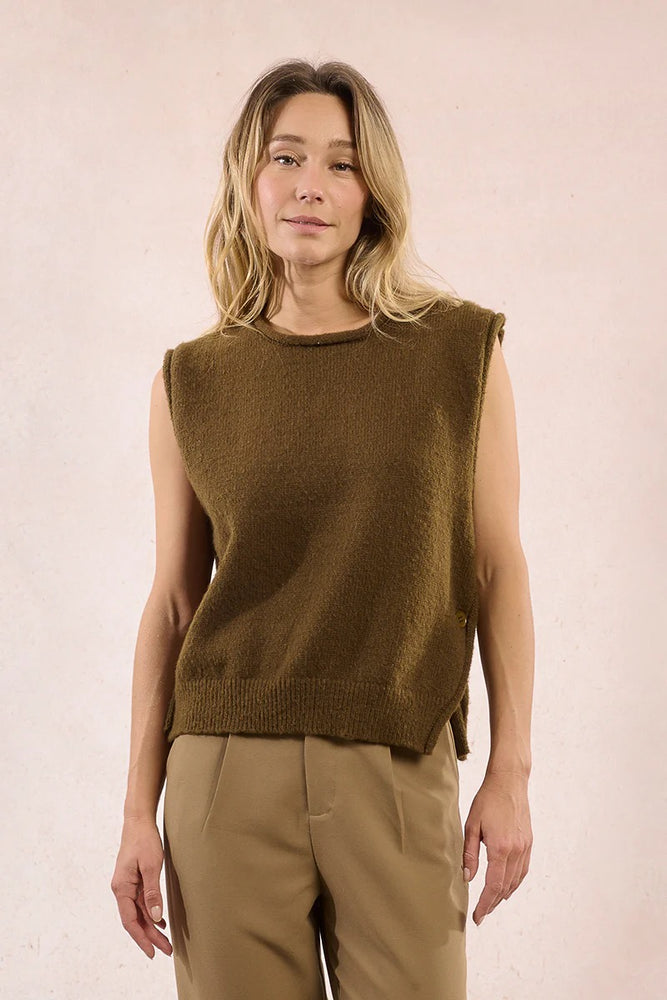 Side Button Sweater Vest Khaki Green