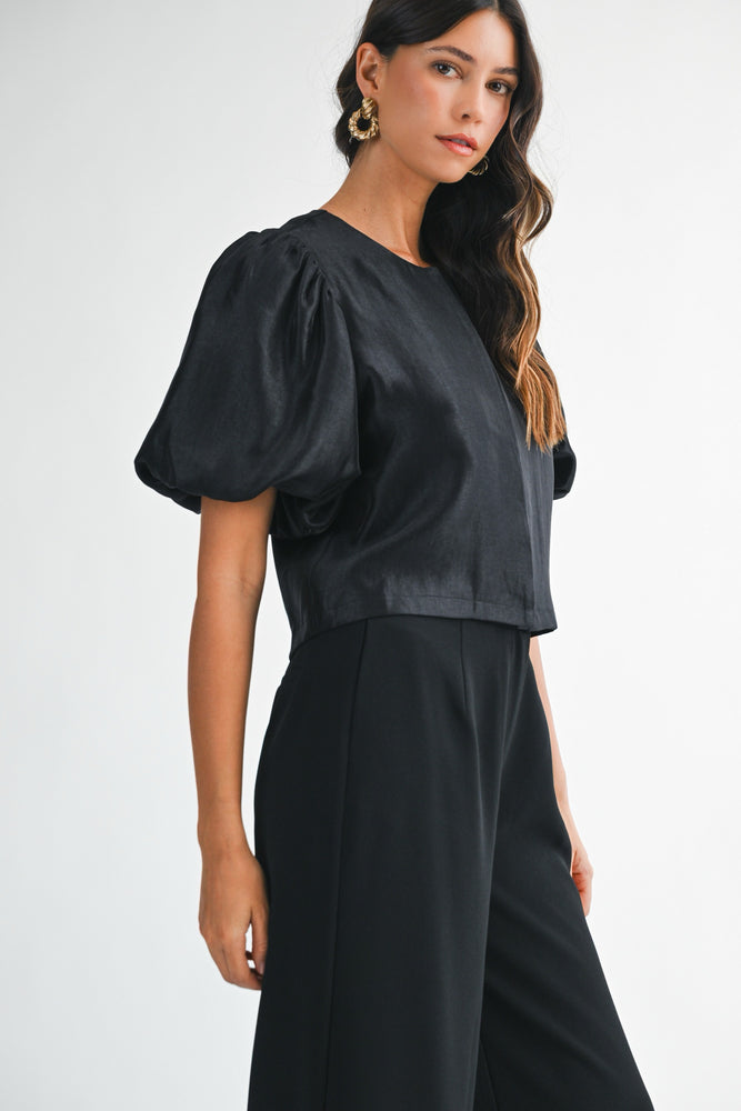 Satin Puff Sleeve Top Black