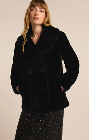 Gem Double Breasted Fur Coat Black