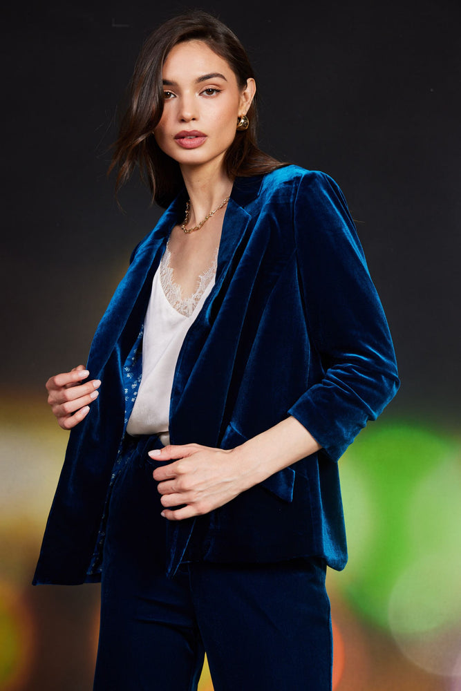 Velvet Ruched Sleeve Blazer Teal