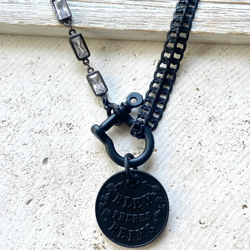 French Champagne Coin Necklace Matte Black