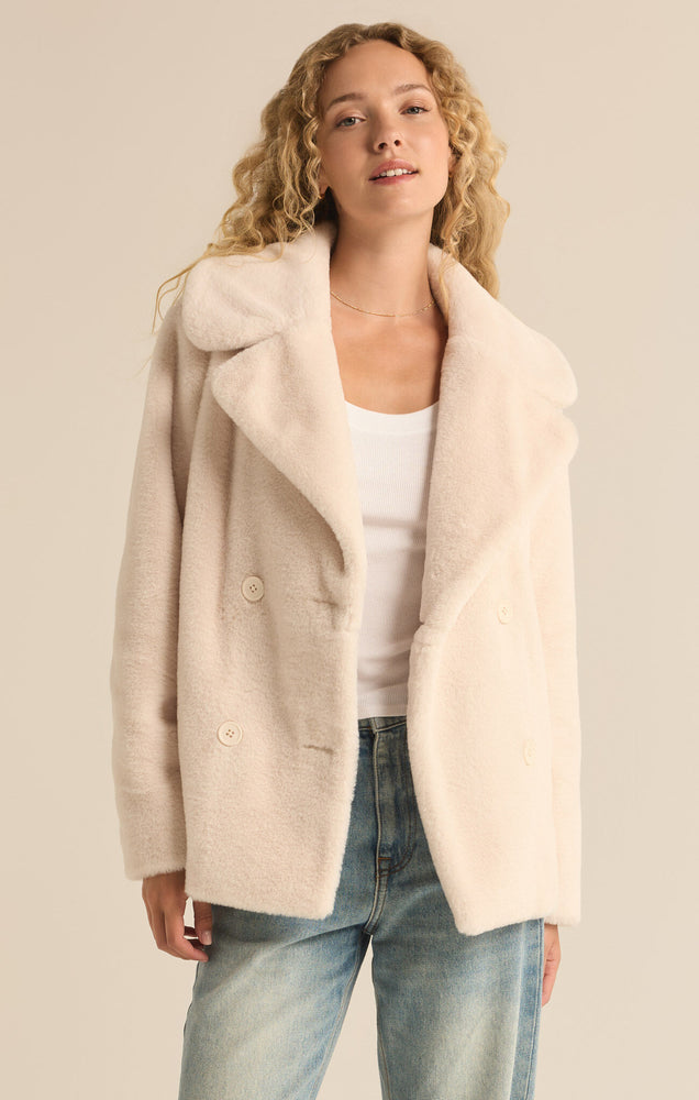 Gem Double Breasted Fur Coat Winter White