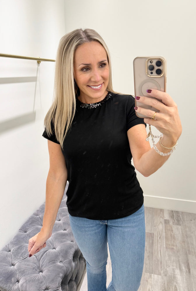 Sequin Neckline Tee Black