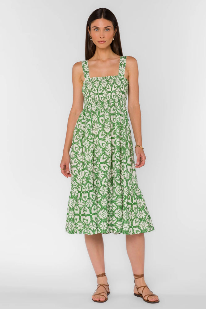 VELVET HEART Smocked Empire Waist Midi Dress - Juniper Green Geo