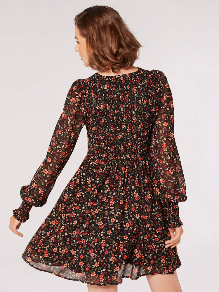 Autumnal Ditsy Smocked Neck Dress