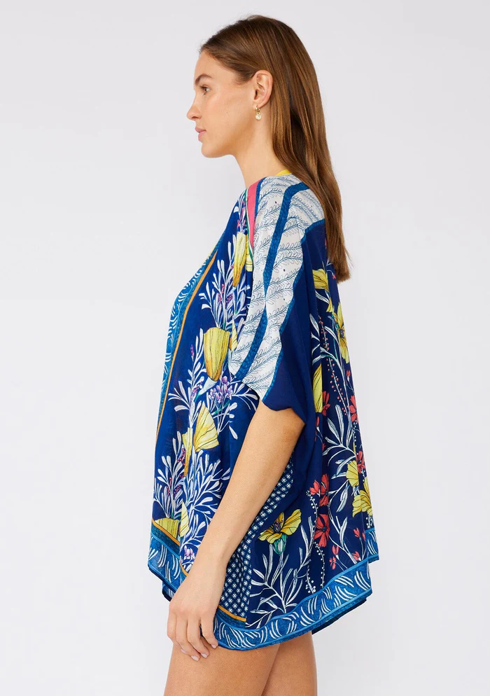 Contrast Floral Print Kimono Navy/Yellow OSFM