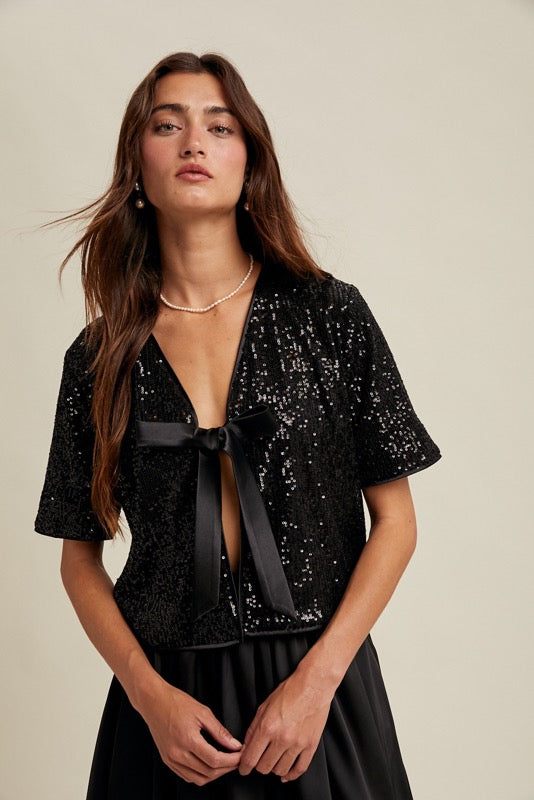 Bitsy Sequin Front Tie Top Black