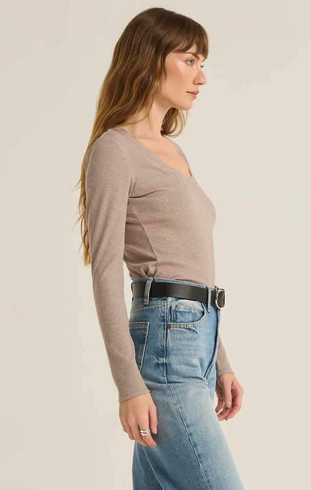 Sirena Rib Long Sleeve Tee Heather Taupe-Mapel Boutique