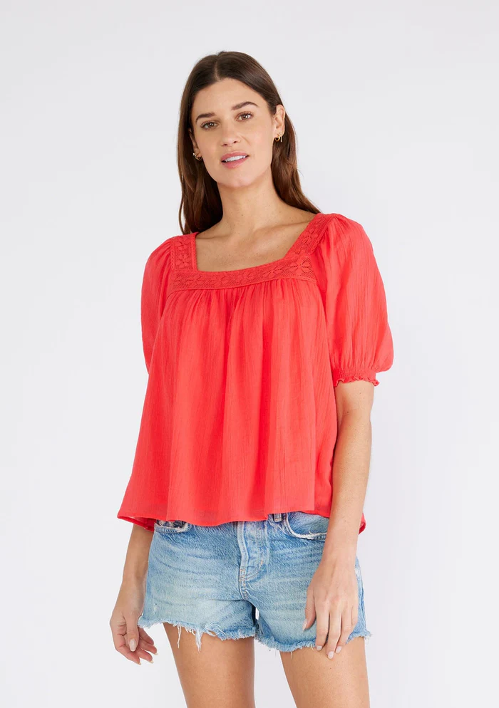 Lace Trim Square Neck Puff Sleeve Blouse Hibiscus