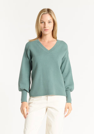 V Neck Balloon Sleeve Sweater Sage Leaf