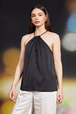 Pleat Front Halter Cami Black