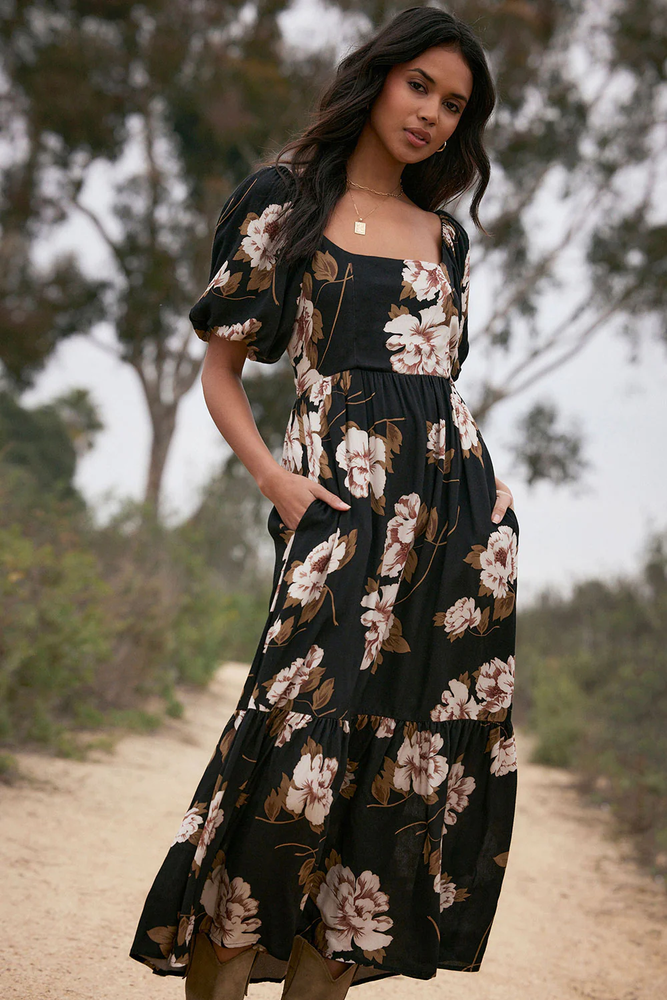 Mela Midi Dress Fall Floral Black-Mapel Boutique