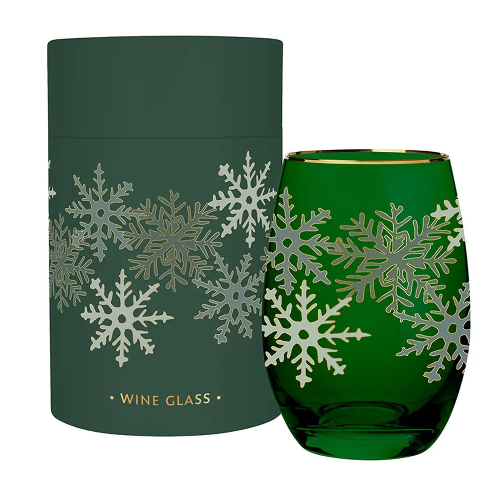 Gold Foil Stemless Glass 17oz - Green Snowflakes