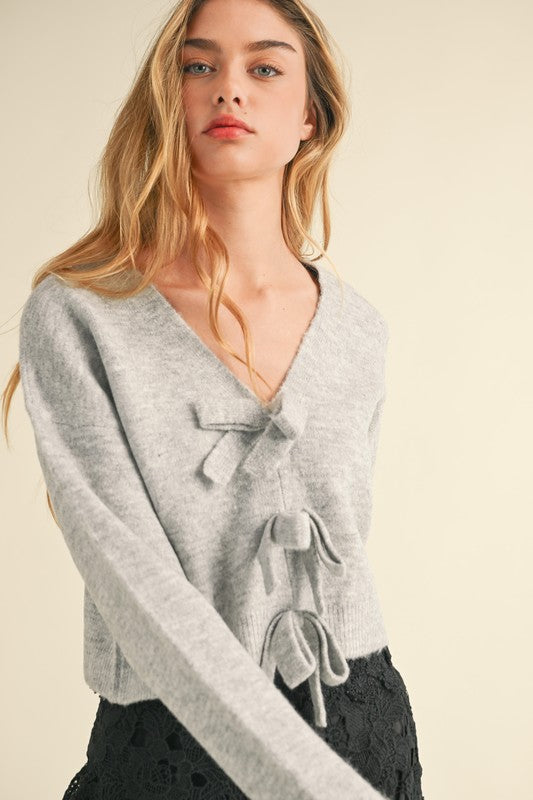 Claudette V Neck Bow Detail Sweater Heather Grey