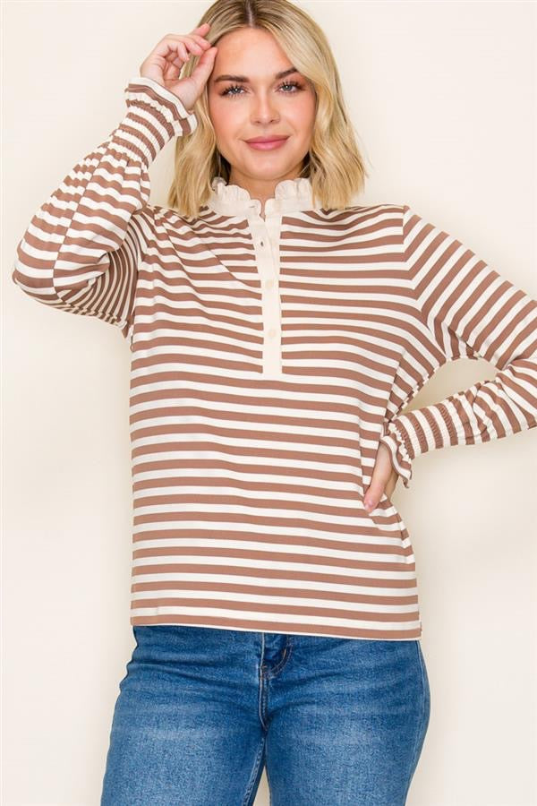Caroline Ruffle Neck Top Camel Stripe