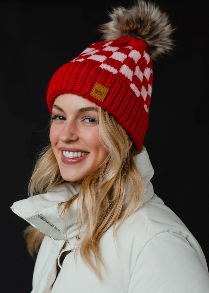 Cable Knit Pom Beanie - Pink/Red Festive Check