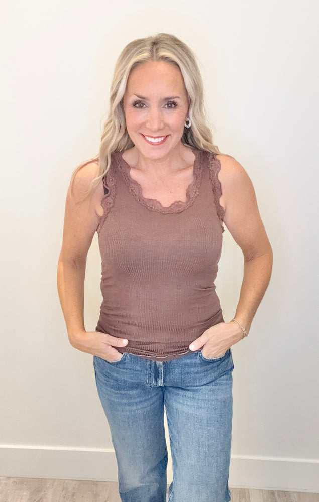 Lace Trim Ribbed Cami Garment Dyed - Hot Chocolate