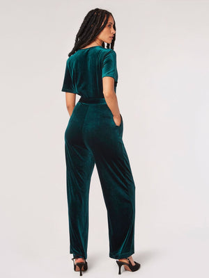 Angel Sleeve Velvet Wrap Jumpsuit Green