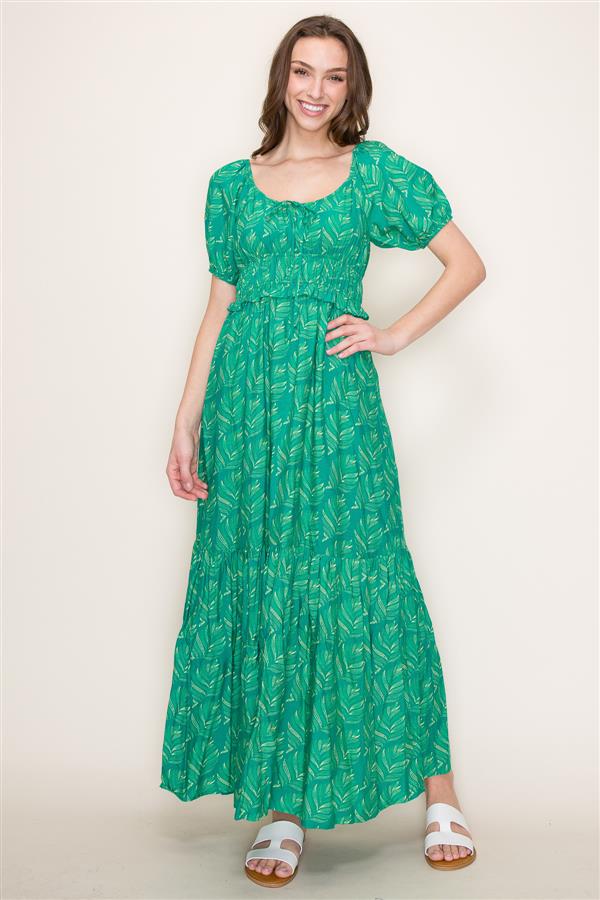 Puff Sleeve Tiered Maxi Dress Green Floral