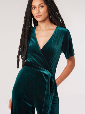 Angel Sleeve Velvet Wrap Jumpsuit Green