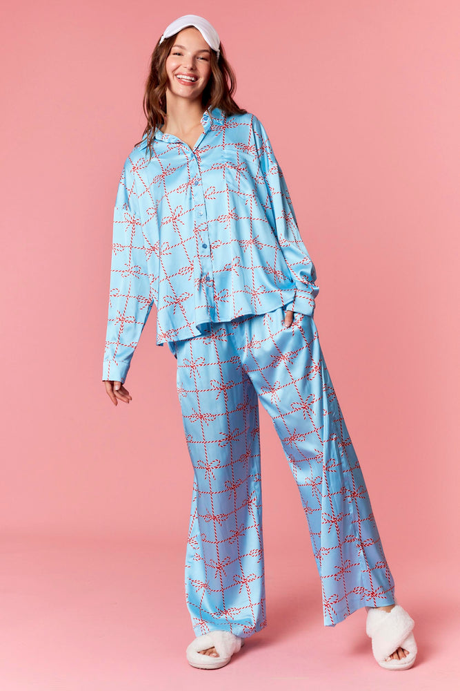 Christmas Bow Satin Pajama Set  Ice Blue