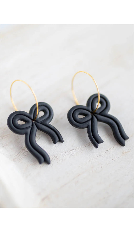 Clay Earrings Ribbon Hoops - Black