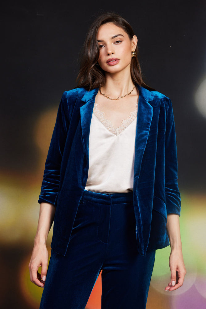 Velvet Ruched Sleeve Blazer Teal