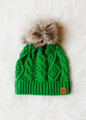 Cable Knit Pom Beanie - Elf Green