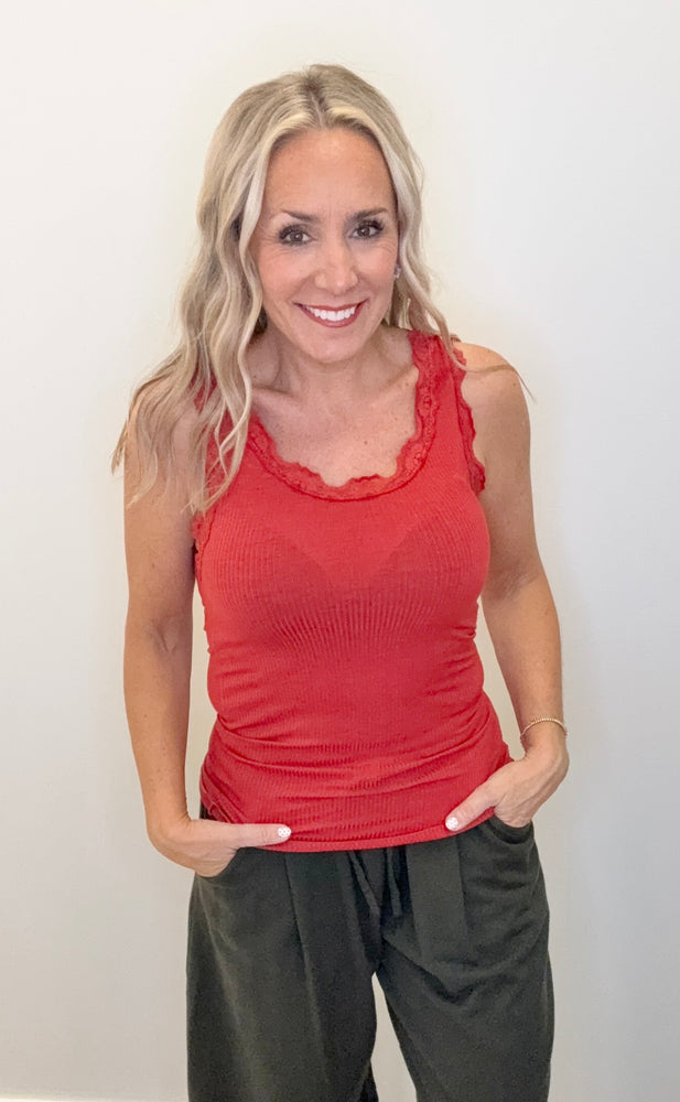 Lace Trim Ribbed Cami Garment Dyed - Chili Oil