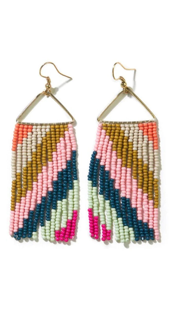 Whitney Diagonal Stripe Beaded Fringe Earrings Rainbow