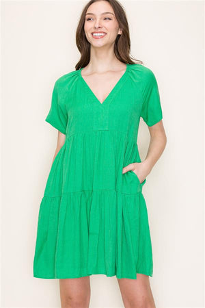 V Neck Tiered Dress Green